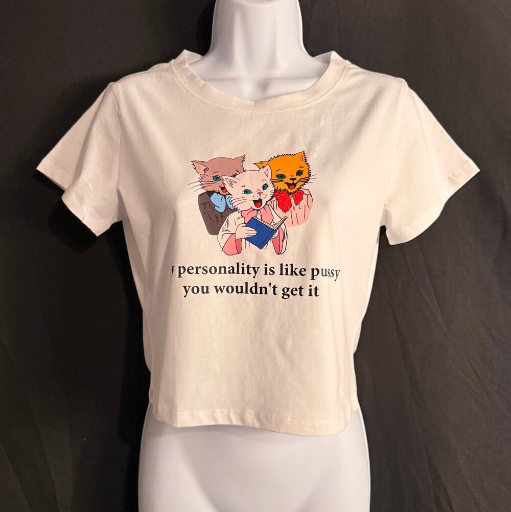 Cherrykitten White Cat Graphic Crop Top Funny Slogan Baby Tee New